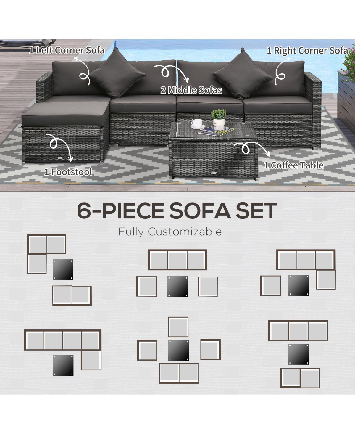 Outsunny 6-Piece Outdoor Patio Rat Wicker Furniture Set w/ Cushions Charcoal
