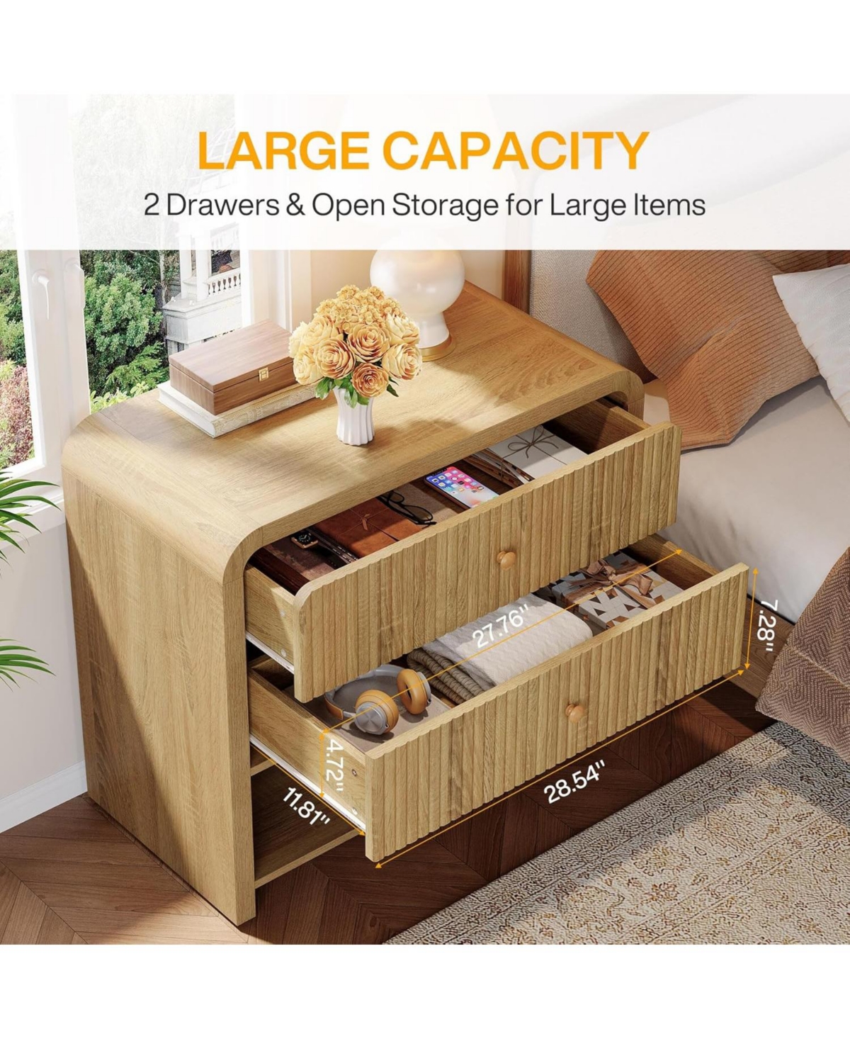 Tribesigns Oversized Nightstand with 2 Drawers Set of 2, 31.5" Large Wide Modern Bedside Table with Open Storage, Big Fluted Night Stand