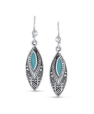 Southwest Style Blue Turquoise Marquise Leaf Feather Dangle Earrings Lever back Oxidized Sterling Silver