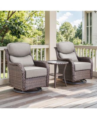 3-Piece Wicker Patio Conversation Set with Crescent Swivel Glider Chairs, Olefin 6-Inch Thick Cushions, and End Table