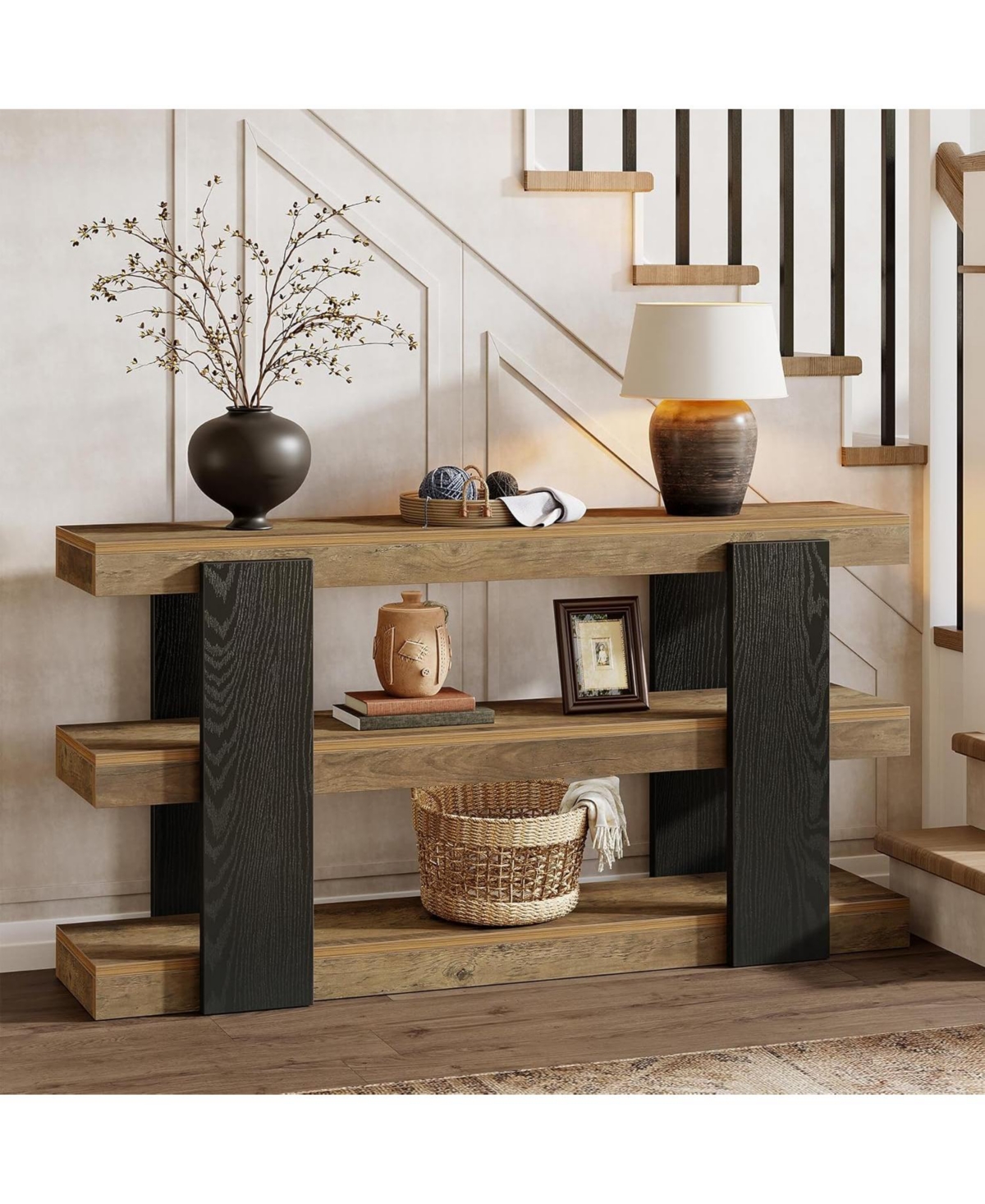 Tribesigns 63-Inch Long Console Table, 3-Tier Entryway Table with Storage, Farmhouse Wood Behind Couch Tables