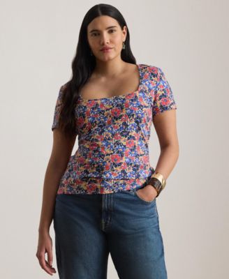Plus Size Floral Cotton Jersey Square Neck Top