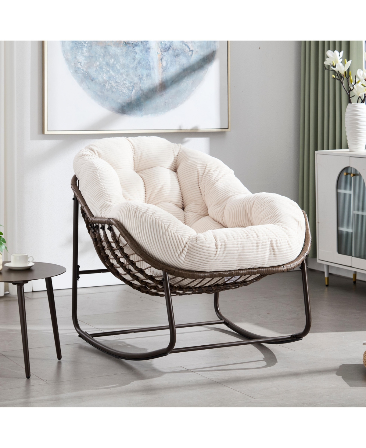 Flynama Outdoor Rattan Rocking Chair Padded Cushion Oversized Steel Frame Rocker Recliner for Front Porch Patio Garden Living Room