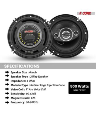 Coaxial Car Door Speakers 6” Pair 500W 4Ohm 2 Way Component Subwoofer Audio w Super Tweeter