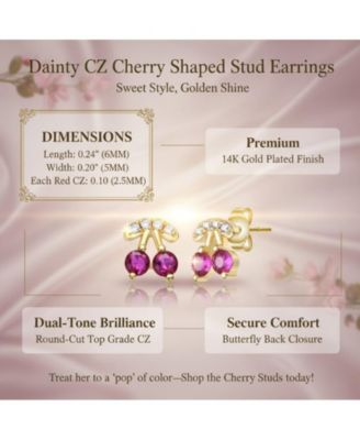 Dainty CZ Cherry Shaped Stud Earrings in 14K Gold Plated