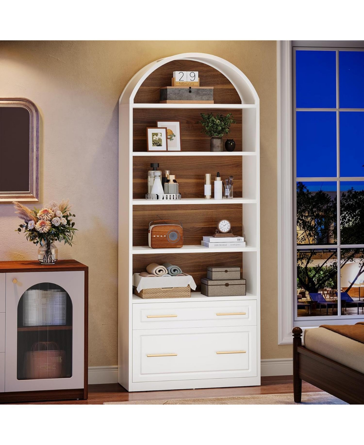 Tribesigns 76.8" Tall Arched Bookcase, 5-Tier Bookshelf with File Cabinet Drawer, Modern Freestanding Wooden Bookshelves, Open Display Storage Sh