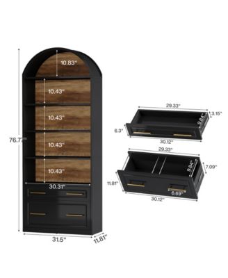 76.8" Tall Arched Bookcase, 5-Tier Bookshelf with File Cabinet Drawer, Modern Freestanding Wooden Bookshelves, Open Display Storage Shelves