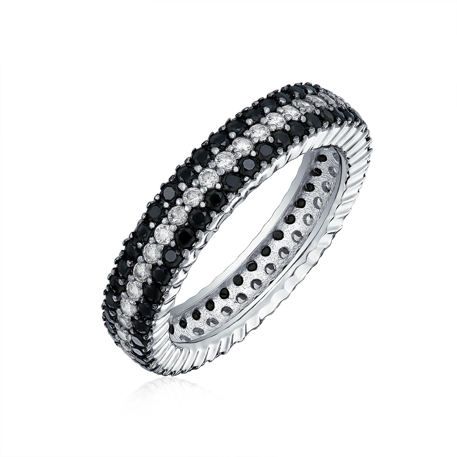 Cubic Zirconia 3 Row Pave Stripe CZ Statement Black and White Eternity Band Ring .925 Sterling Silver