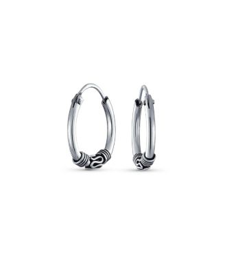 Bali Tribal Continuous Endless Tiny Hoop Earrings Oxidized .925 Sterling Silver .75 Inch Diameter