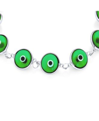 Good Luck Amulet Turkish Translucent Green Glass Evil Eye Bracelet Sterling Silver 7.5 Inch