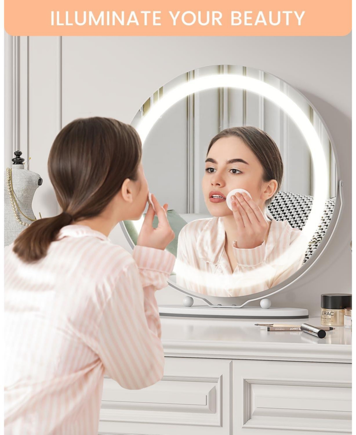 Homfan 19 in Vanity Mirror with Led Lights, Large Round Makeup Mirror with Touch Control and 3 Color Lighting Modes