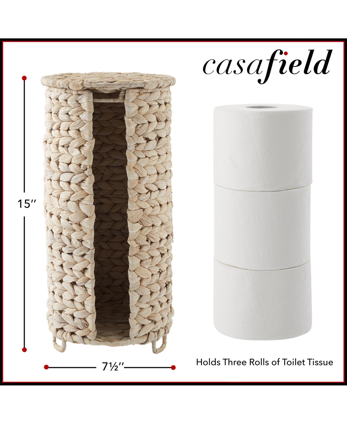 Casafield Toilet Paper Roll Holder with Lid - Natural, Fits 3 Rolls, Free Standing Water Hyacinth Bath Tissue Storage Organizer for Bathroom