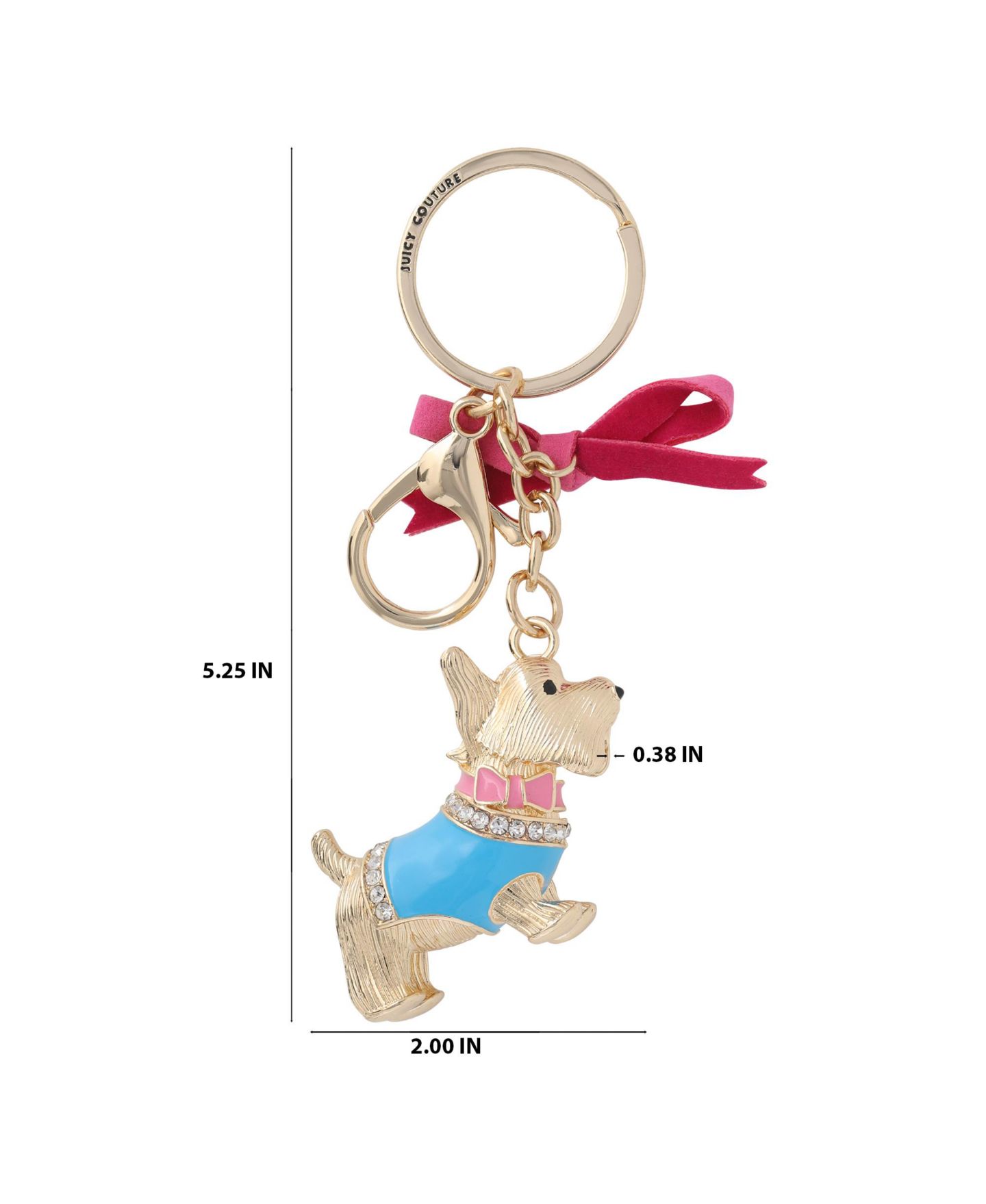 Женский брелок Juicy Couture Crystal Scottie Dog Keychain with Satin Bow, Gold Tone, цвет: Золотой / Розовый синий — фото 6