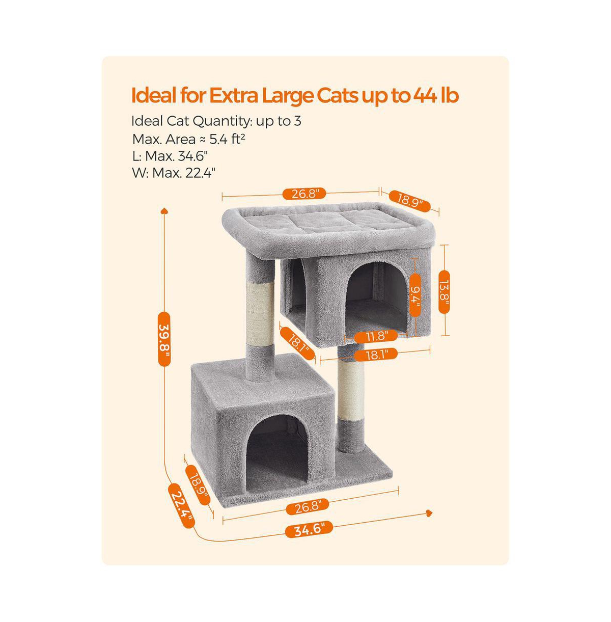 Cozito 39.8-Inch Cat Tree with Large Perch and 2 Cat Caves, Scratching Posts, Anti-Tip Kit, Indoor Use