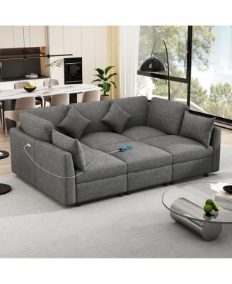 Gray U-shaped Sectional Sofa with Movable Ottoman & USB Ports
