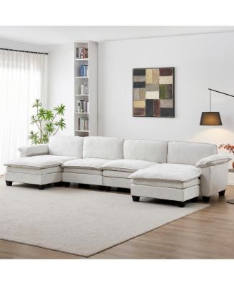 Living Room Sofa Luxury Couch Four Seater with Two Ottomans Beige