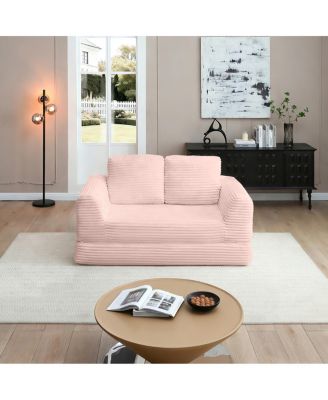 2-in-1 Folding Convertible Sofa Bed, Modern Corduroy Sleeper Couch with 2 Pillows, Pink
