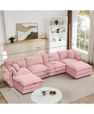 Modular U-Shaped 4-Seater Chenille Sofa with Movable Ottoman, Pink