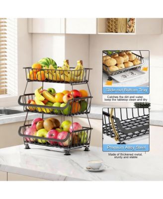 3-Tier Wire Basket Storage Cart with Wheels for Kitchen Pantry