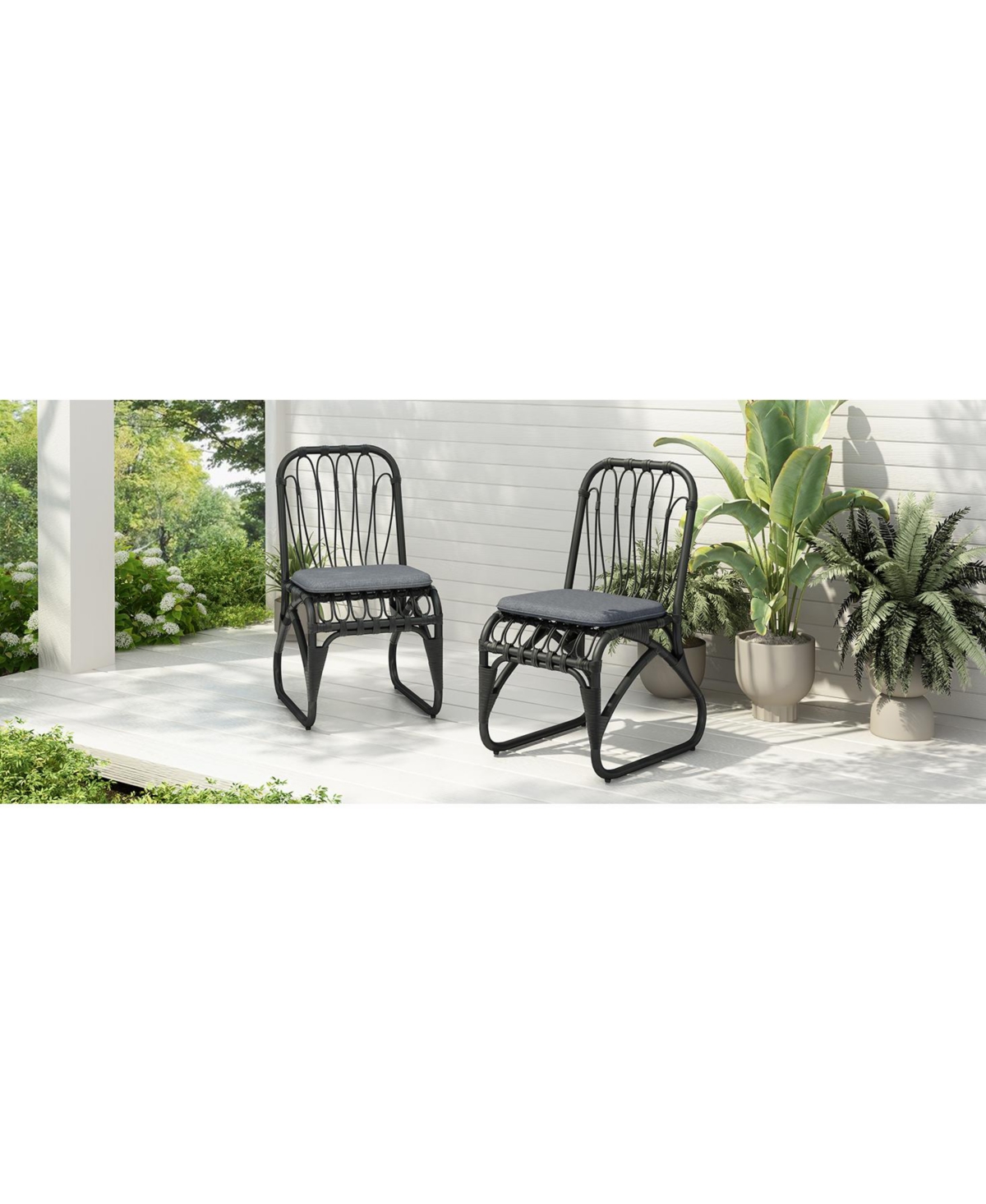 Flynama Set of 2 Outdoor Pe Wicker Dining Chairs Washable Cushions Rust Resistant Iron Frame for Backyard Poolside Garden Patio