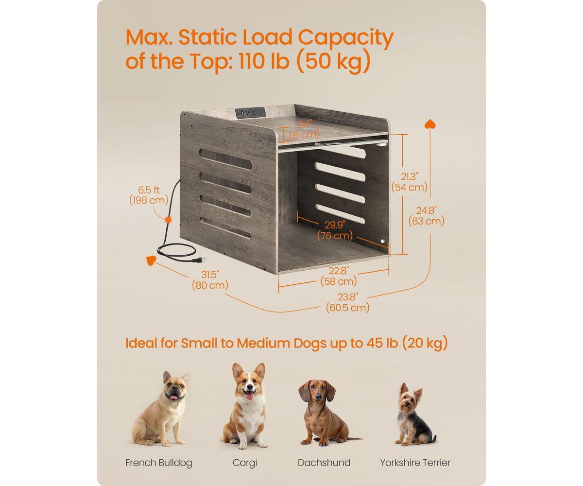 Cozito Dog Crate End Table with Charging Station, Flip-Up Acrylic Door, 2 Outlets + Usb-a/Usb-c, Up to 45 lb