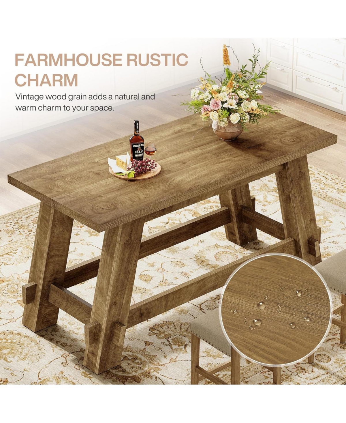 Tribesigns 63" Counter Height Bar Table with Footrest, Rectangular Tall High Top Pub Table, Industrial Home Bar Unit, Rustic Brown