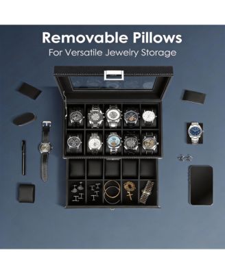 20-Slot PU Leather Watch Box with Clear Glass Lid and Removable Cushions