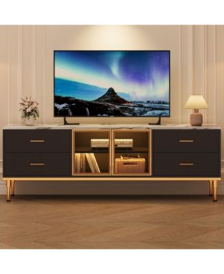 65 in TV Stand with LED Lights, Modern Entertainment Center with 4 Drawers & Shelves & Glass Doors