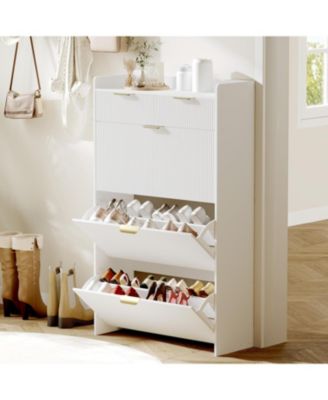 Wave Design Shoe Cabinet with 3 Slip Drawers, 2 Drawers, Raised Edges, and Fluted Details – Slim Hidden Wooden Shoe Organizer for Entryway