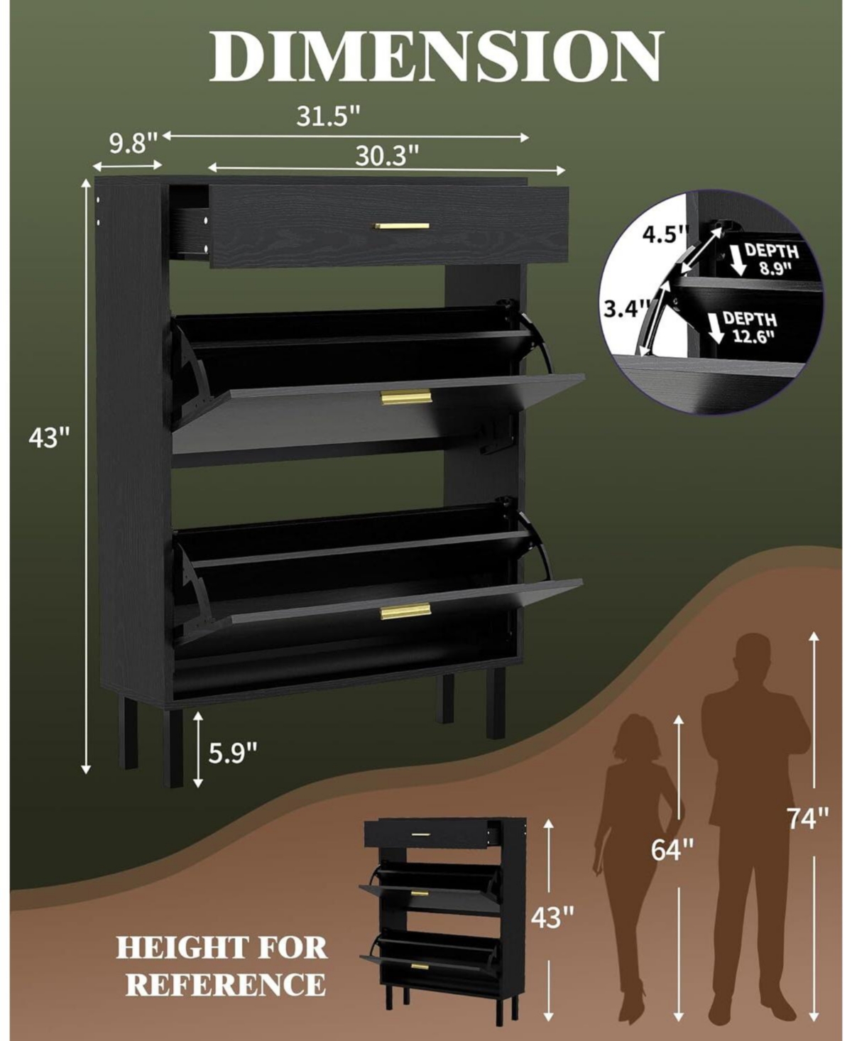 gaomon Narrow Shoe Cabinet Storage for Entryway, 3 Drawers, Freestanding Organizer Wooden,Shoe Rack with 3-Tier Adjustable Shelve