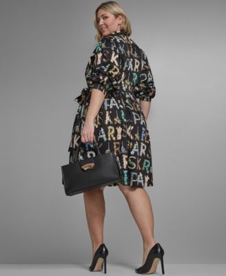 Plus Size Long-Sleeve Allover Letter Print Dress