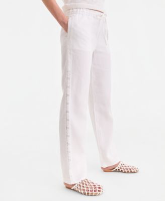 Women's 100% Linen Eyelet-Trim Pull-On Pants