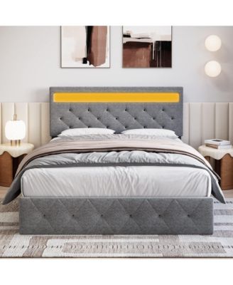 Queen Bed Frame with Storage Headboard and Charging Station, Wood Platform Bed Frame with LED Lights