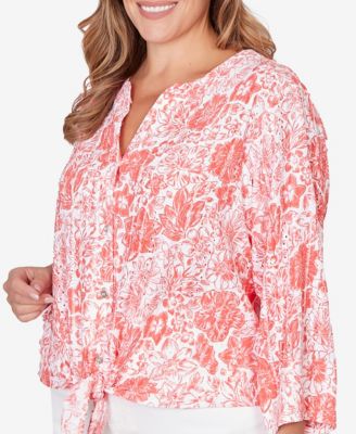 Plus Size Printed Eyelet Gauze Tie Front Top