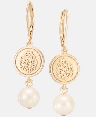 Gold-Tone Pearl Coin Double Drop Earrings