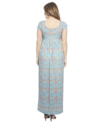 Women's Abstract Square Neck Cap Sleeve Pleated A-Line Maxi Dress