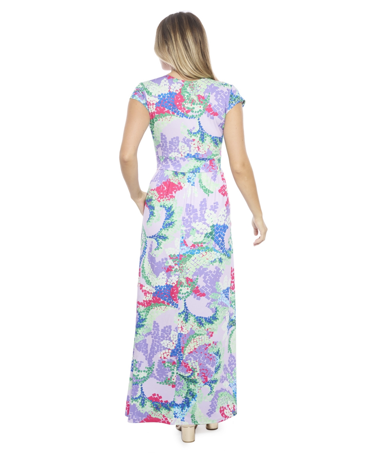 24seven Comfort Apparel Women's Abstract V-Neck Cap Sleeve Side Slit Pocket A-Line Maxi Dress