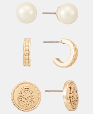 Gold-Tone Pearl, Coin And Hoop Earrings, 3-Piece Set 