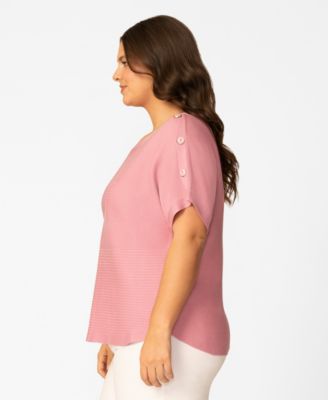 Plus Size Vertical Rib Button Short-Sleeve Sweater