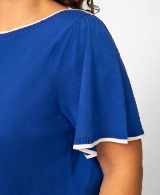 Plus Size Elbow Flare-Sleeve Boat Neck Sweater Knit Top