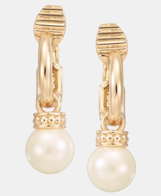 Gold-Tone Glass Pearl Drop Huggie Comfort Clip Earrings