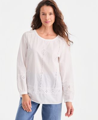 Women's Cotton Eyelet Long-Sleeve Blouse