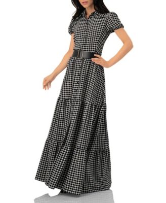 Women's Check Maxi Dress with Puff Sleeves