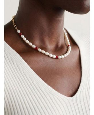 18K Gold-Plated Freshwater Pearl Choker Necklace with Red Heart Accents