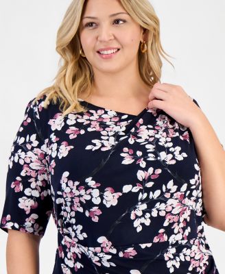 Plus Size Printed Elbow-Sleeve Faux-Wrap Dress