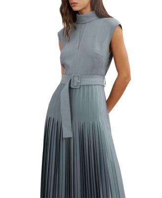 Women's Roll-Neck Belted Pleated Midi Dress