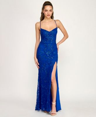 Juniors' V-Neck Side Slit Gown