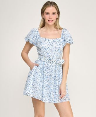 Juniors' Short Puff-Sleeve Drop Waist Dress