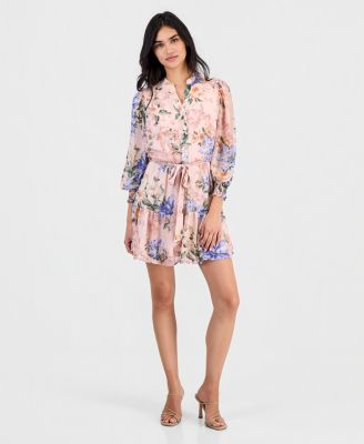 Petite Floral-Print Chiffon Belted Dress