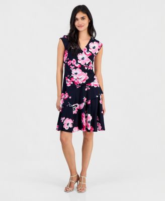 Petite Floral-Print Ruffle Cap-Sleeve Dress